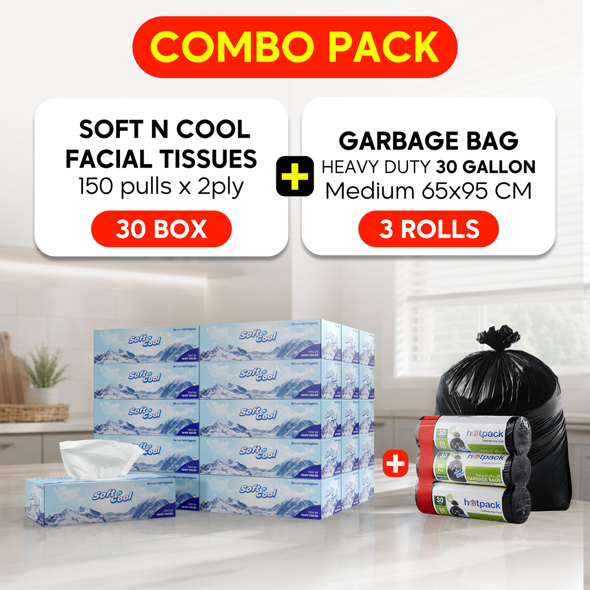 Soft N Cool Facial Tissue & Garbage Bag Combo pack